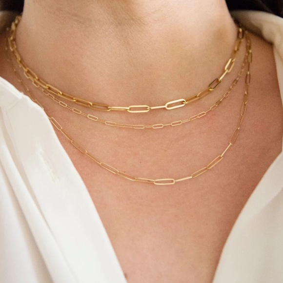 18K Gold Plated Solid Sterling Silver Paperclip Rolo Chain Necklace - Picture 3 of 3